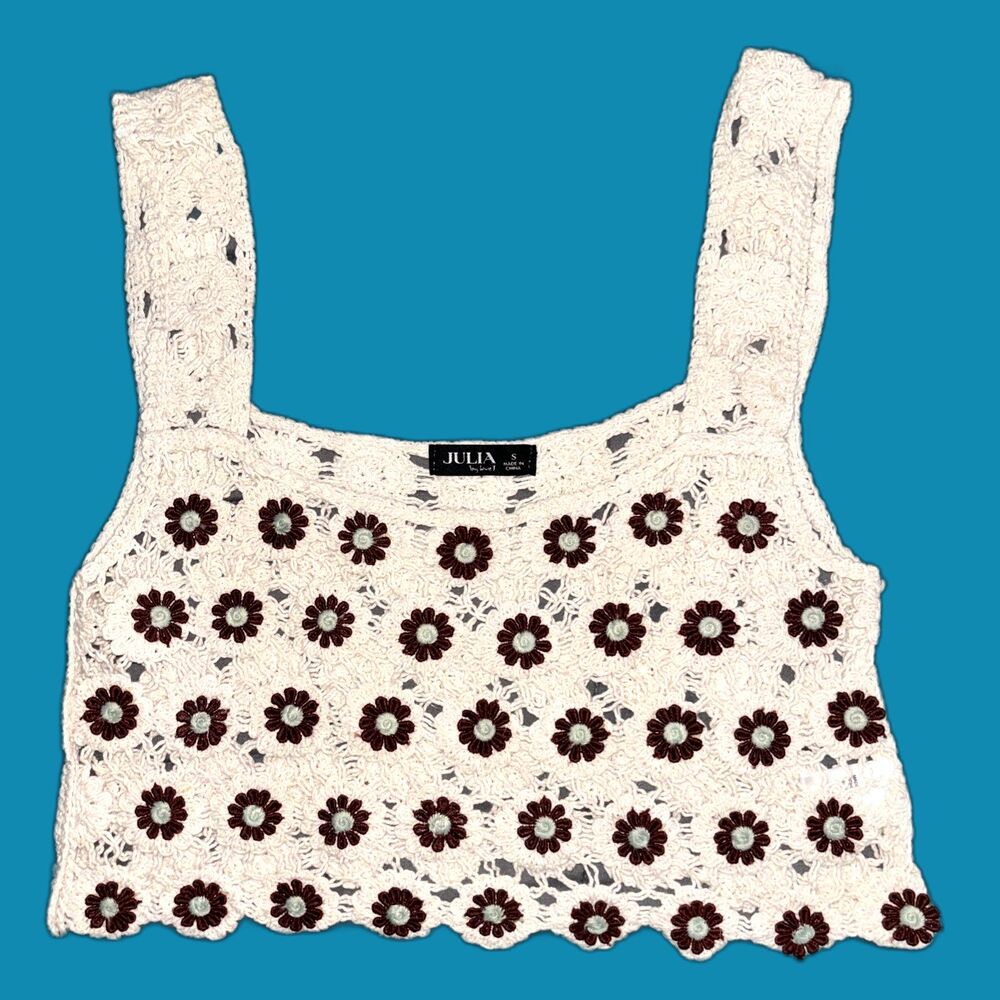 Julia by Love Boho Crochet Crop Top Small Floral Cream/Maroon Flowers